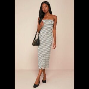 NWT LULUS Momentous Poise Black and Ivory Striped Strapless Midi Dress